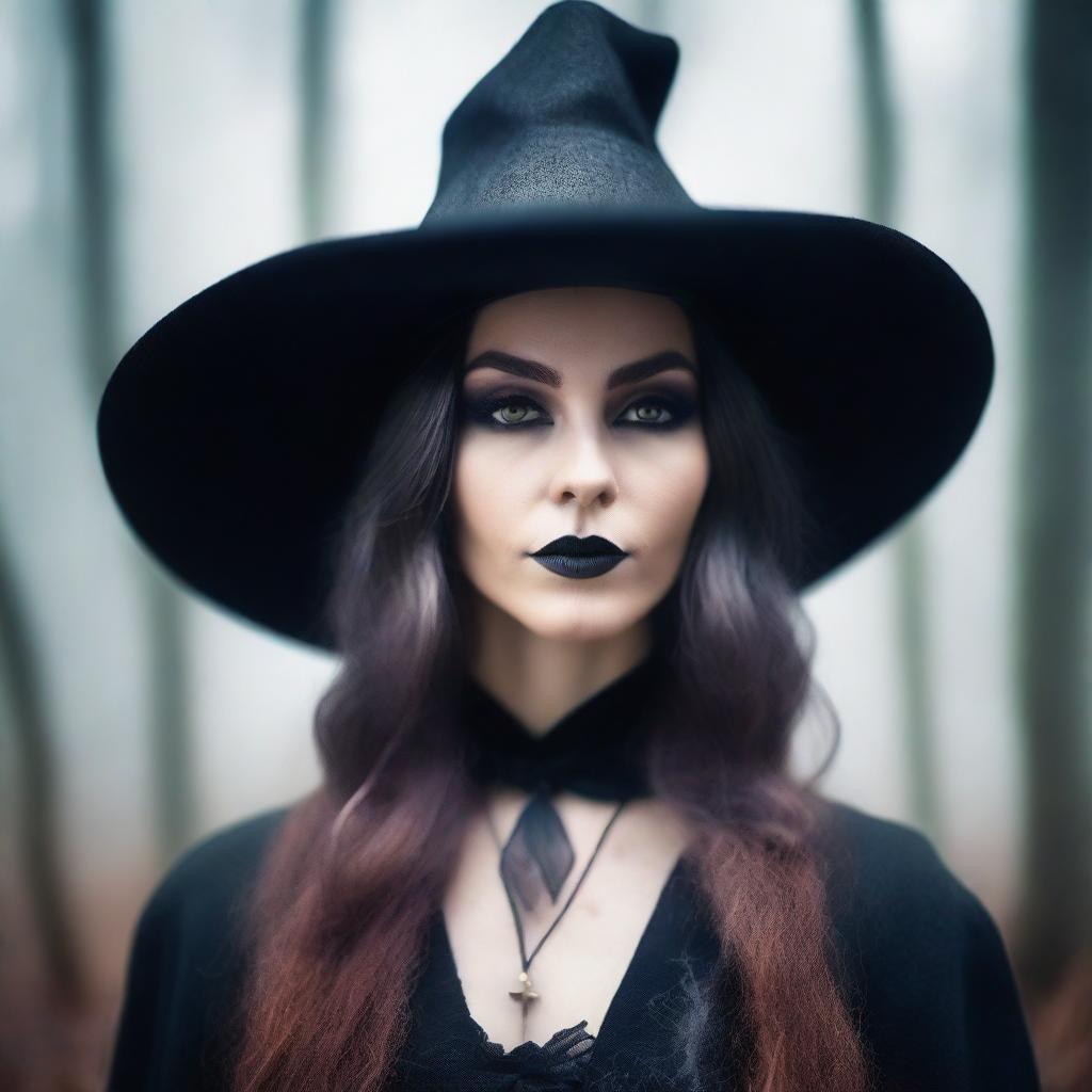 A close-up portrait of a witch in a misty forest