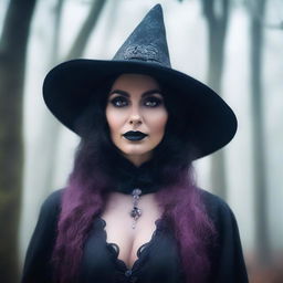 A close-up portrait of a witch in a misty forest