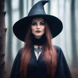 A close-up portrait of a witch in a misty forest