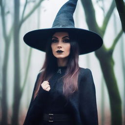 A close-up portrait of a witch in a misty forest