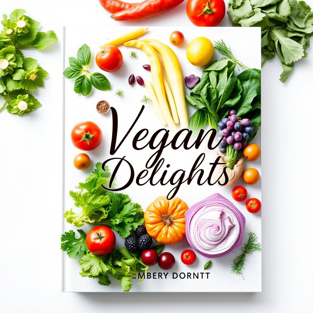 A vibrant and inviting cover image for a vegan cookbook, featuring fresh vegetables, fruits, and herbs arranged beautifully