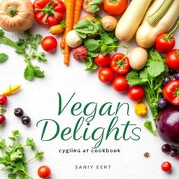 A vibrant and inviting cover image for a vegan cookbook, featuring fresh vegetables, fruits, and herbs arranged beautifully