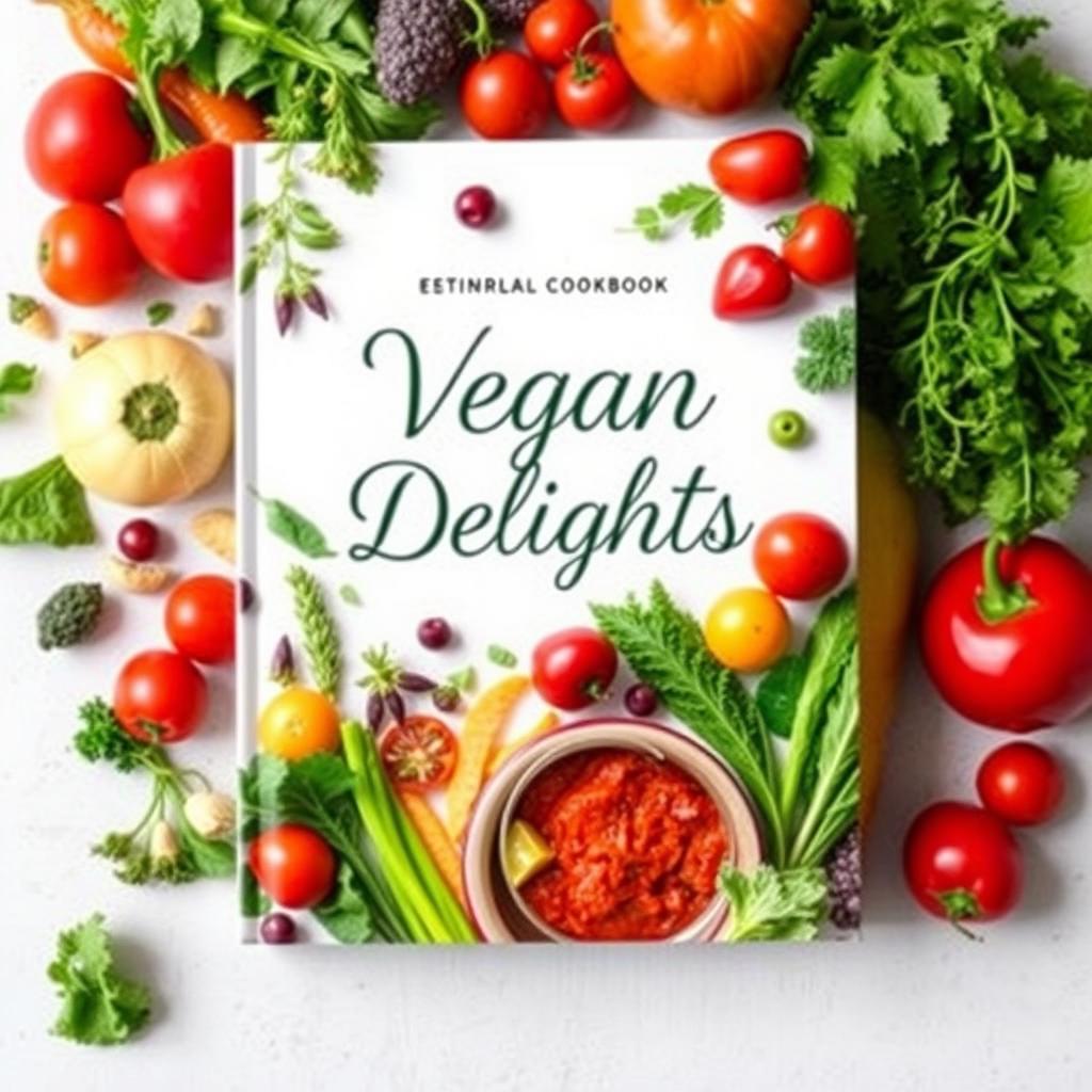 A vibrant and inviting cover image for a vegan cookbook, featuring fresh vegetables, fruits, and herbs arranged beautifully