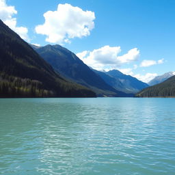 A serene landscape featuring a calm lake surrounded by lush green trees and mountains in the background under a clear blue sky with a few fluffy white clouds