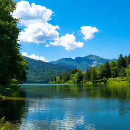 A serene landscape featuring a calm lake surrounded by lush green trees and mountains in the background under a clear blue sky with a few fluffy white clouds