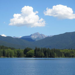 A serene landscape featuring a calm lake surrounded by lush green trees and mountains in the background under a clear blue sky with a few fluffy white clouds