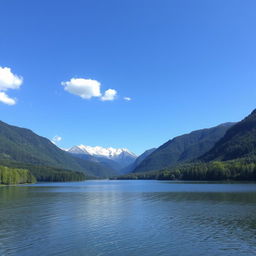 A serene landscape featuring a calm lake surrounded by lush green trees and mountains in the background under a clear blue sky with a few fluffy white clouds