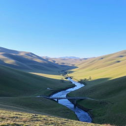 A serene landscape with rolling hills, a clear blue sky, and a small river flowing through the middle