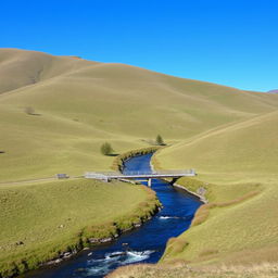 A serene landscape with rolling hills, a clear blue sky, and a small river flowing through the middle