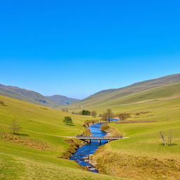 A serene landscape with rolling hills, a clear blue sky, and a small river flowing through the middle