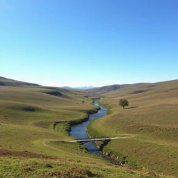 A serene landscape with rolling hills, a clear blue sky, and a small river flowing through the middle