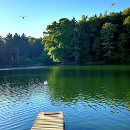 A serene landscape featuring a calm lake surrounded by lush trees, with a clear blue sky and gentle sunlight reflecting on the water