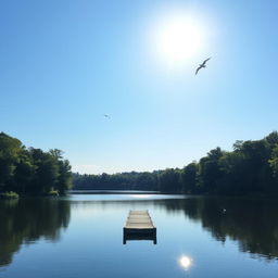 A serene landscape featuring a calm lake surrounded by lush trees, with a clear blue sky and gentle sunlight reflecting on the water