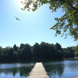 A serene landscape featuring a calm lake surrounded by lush trees, with a clear blue sky and gentle sunlight reflecting on the water