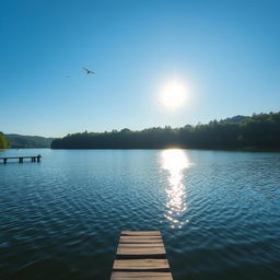 A serene landscape featuring a calm lake surrounded by lush trees, with a clear blue sky and gentle sunlight reflecting on the water