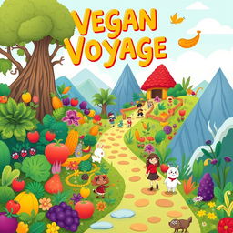 Create an image titled 'Vegan Voyage' that depicts a vibrant and whimsical journey through a lush, plant-based world