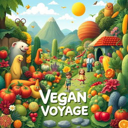 Create an image titled 'Vegan Voyage' that depicts a vibrant and whimsical journey through a lush, plant-based world