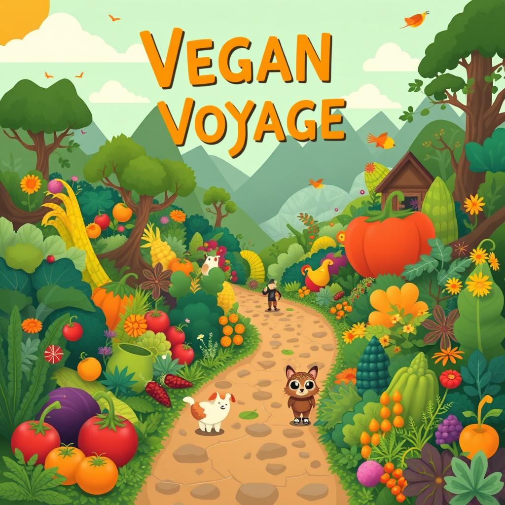 Create an image titled 'Vegan Voyage' that depicts a vibrant and whimsical journey through a lush, plant-based world