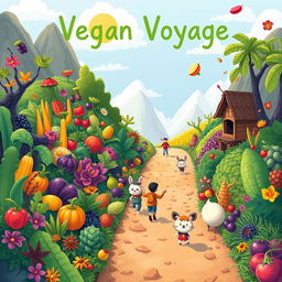 Create an image titled 'Vegan Voyage' that depicts a vibrant and whimsical journey through a lush, plant-based world