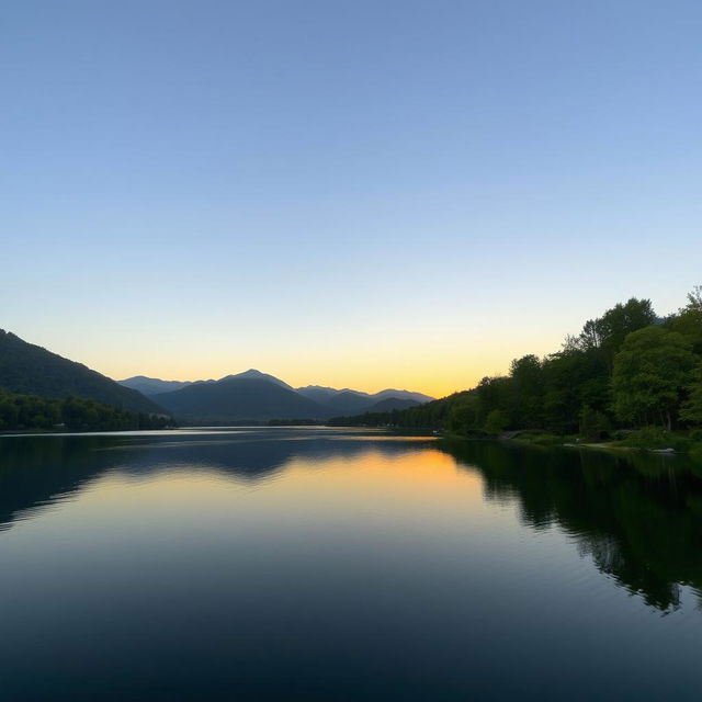 A serene landscape featuring a calm lake surrounded by lush green trees and mountains in the background