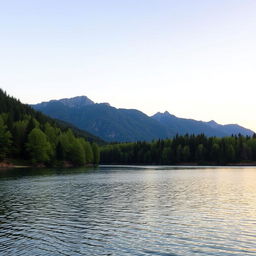 A serene landscape featuring a calm lake surrounded by lush green trees and mountains in the background