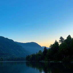 A serene landscape featuring a calm lake surrounded by lush green trees and mountains in the background