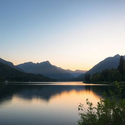 A serene landscape featuring a calm lake surrounded by lush green trees and mountains in the background