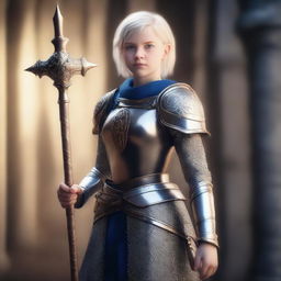 A full shot of a young girl with blond short hair and blue eyes, holding a magic staff