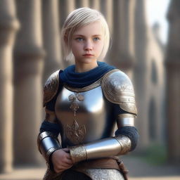 A full shot of a young girl with blond short hair and blue eyes, holding a magic staff