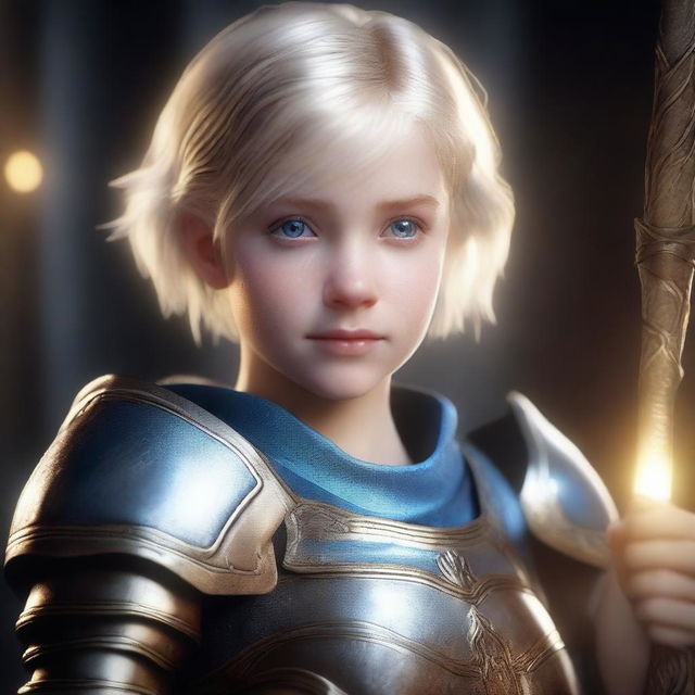 A full shot of a young girl with blond short hair and blue eyes, holding a magic staff