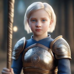 A full shot of a young girl with blond short hair and blue eyes, holding a magic staff