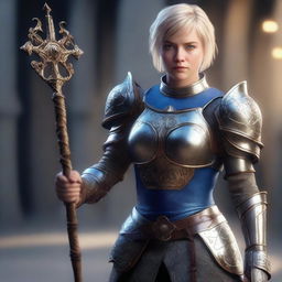 A full-body shot of a young woman with blond short hair and blue eyes, holding a magic staff