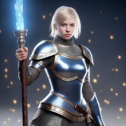 A full-body shot of a young woman with blond short hair and blue eyes, holding a magic staff