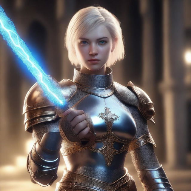 A full-body shot of a young woman with blond short hair and blue eyes, holding a magic staff