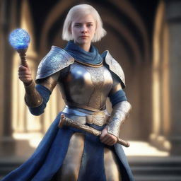 A full-body shot of a young woman with blond short hair and blue eyes, holding a magic staff