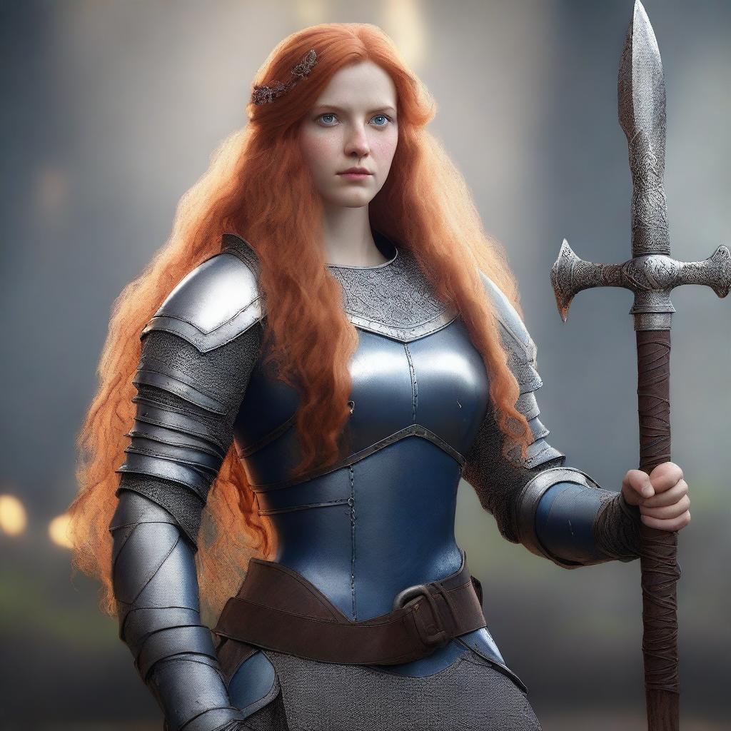 A full-body shot of a young woman with long orange hair and blue eyes, holding an axe