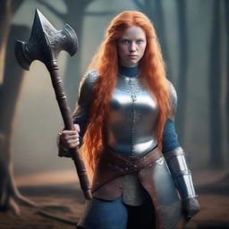 A full-body shot of a young woman with long orange hair and blue eyes, holding an axe