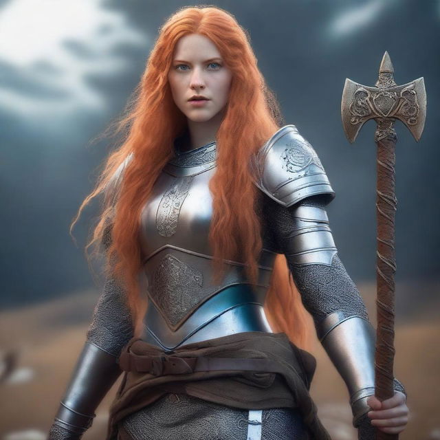 A full-body shot of a young woman with long orange hair and blue eyes, holding an axe