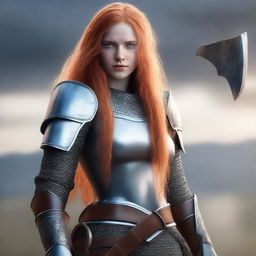 A full-body shot of a young woman with long orange hair and blue eyes, holding an axe