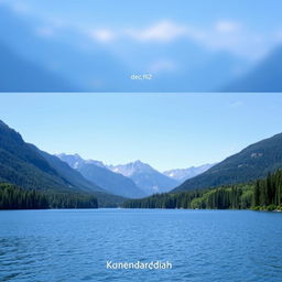 A beautiful landscape featuring a serene lake surrounded by lush green forests and majestic mountains in the background under a clear blue sky