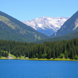 A beautiful landscape featuring a serene lake surrounded by lush green forests and majestic mountains in the background under a clear blue sky