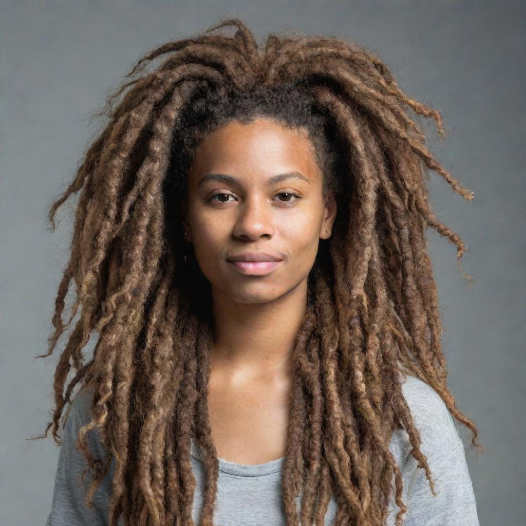 A flattering portrait of a person with detailed and voluminous dreadlocks.