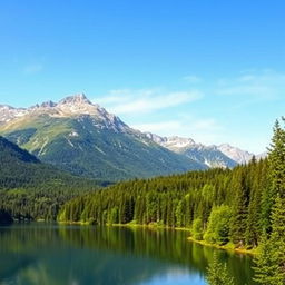 A beautiful landscape featuring a serene lake surrounded by lush green forests and majestic mountains in the background under a clear blue sky