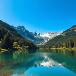 A beautiful landscape featuring a serene lake surrounded by lush green forests and majestic mountains in the background under a clear blue sky