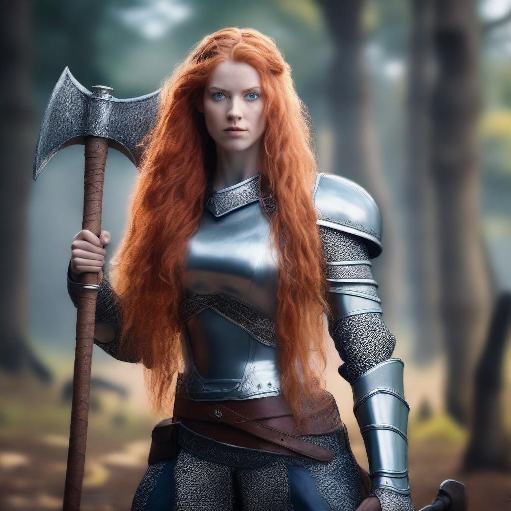 A full-body shot of a young, beautiful woman with long orange hair and blue eyes, holding an axe