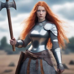 A full-body shot of a young, beautiful woman with long orange hair and blue eyes, holding an axe