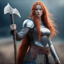 A full-body shot of a young, beautiful woman with long orange hair and blue eyes, holding an axe