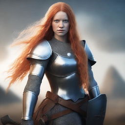 A full-body shot of a young, beautiful woman with long orange hair and blue eyes, holding an axe