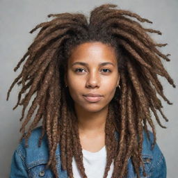 A flattering portrait of a person with detailed and voluminous dreadlocks.