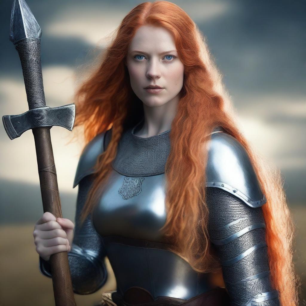 A portrait of a young, beautiful woman with long orange hair and blue eyes, holding an axe